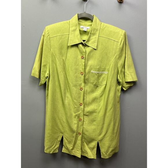 Dress Barn Blouse Womens 16W Green button front linen blend Shoulder pads - Picture 1 of 6